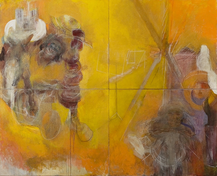 Julio POMAR Le Radeau de la Méduse, 2009, (de la série "Les Nouvelles aventures de Don Quichotte"), acrylique, fusain et pastel sur toile, 228 x 282 cm, (4 éléments de 114 x 146 cm)
