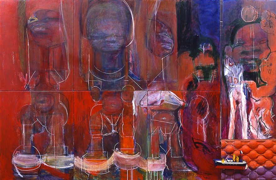 Julio POMAR Le Jugement de Paris, 2002, acrylique sur toile et bois, papier mâché, miroir et objets, 162 x 245 cm, (8 éléments : (81 x 65 cm) x 6 + 163 x 50 cm)